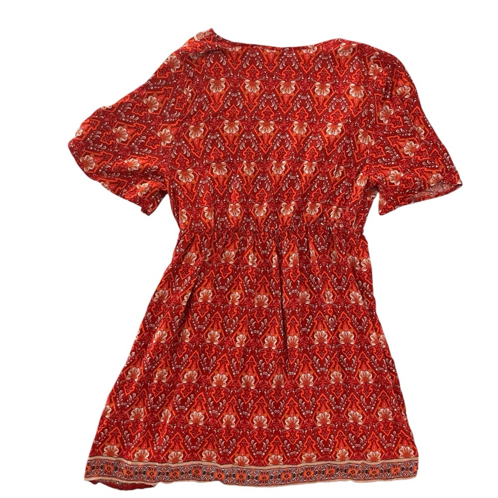 Brown Coco Boho Floral Paisley Faux Wrap Mini Dress 1XL Red Cottagecore Flare - Picture 2 of 11